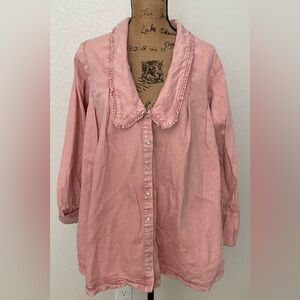 Free People Pink Button-Down Collared Shirt With Ruffled Edges Size S